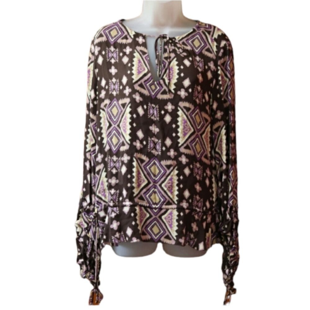 Tory Burch Size 12 Vintage 90s Purple Brown Patchwork Ruched Sleeve Silk